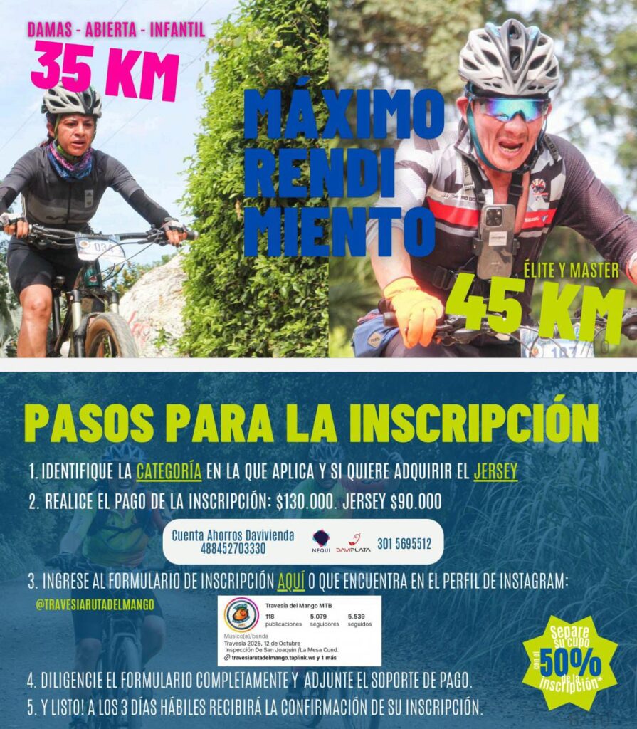 ravesía ruta del mango MTB Cundinamarca 2025, Travesía Ruta del Mango San Joaquín La Mesa, evento MTB Ruta del Mango octubre 2025, ciclismo de montaña en San Joaquín Cundinamarca, ruta del mango recorrido MTB, inscripción Travesía Ruta del Mango, travesía entre mango MTB Colombia, evento ciclomontañismo La Mesa Cundinamarca, cupos limitados ruta del mango MTB, aventura MTB entre cultivos tropicales, ruta recreativa MTB Ruta del Mango, turismo deportivo La Mesa Cundinamarca, reto MTB Ruta del Mango para familias, segmento técnico Ruta del Mango senderos, paisaje rural Ruta del Mango MTB
