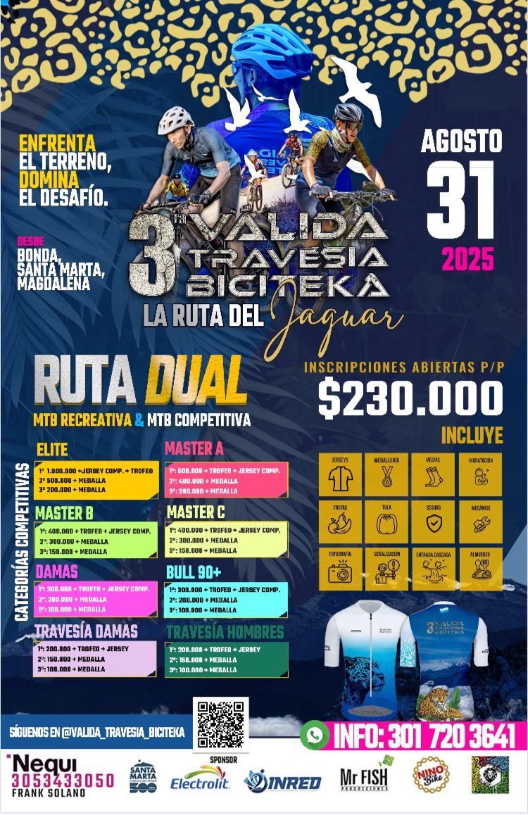 3ª Válida Travesía Bicitek – La Ruta del Jaguar, travesias mtb 2025, travesia deportiva, travesia la vega 2025, travesia mtb 2025 Colombia, travesias mtb Colombia, carreras de ciclomontanismo en Colombia, La Ruta del Jaguar, MTB en Santa Marta, MTB Competitivo y Recreativo, Trail Running