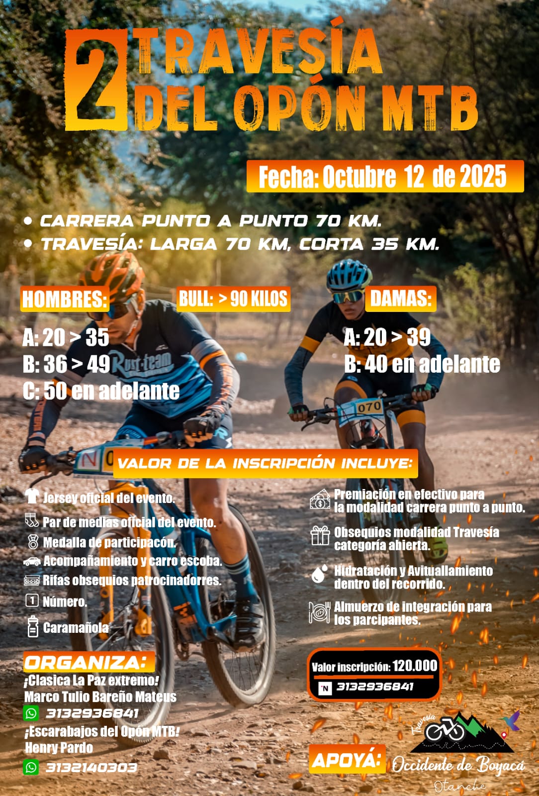 ciclistas en la Travesía del Opón MTB 2025, carrera punto a punto MTB en Boyacá, participantes en travesía de ciclismo de montaña, ciclistas en modalidad recreativa MTB, premiación en efectivo en Travesía del Opón, ciclistas disfrutando evento MTB en Colombia, recorrido de 70 km en travesía MTB Boyacá, ciclistas aficionados en travesía MTB, entrenamiento para travesía MTB Boyacá, ciclistas con jersey oficial Travesía del Opón, premiación a ciclistas en Boyacá MTB, travesía de 35 km para ciclistas recreativos, ciclistas profesionales en competencia MTB, evento ciclismo de montaña octubre 2025, ciclistas celebrando en Travesía del Opón MTB