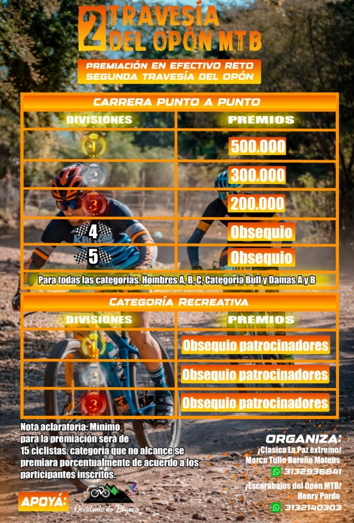 ciclistas en la Travesía del Opón MTB 2025, carrera punto a punto MTB en Boyacá, participantes en travesía de ciclismo de montaña, ciclistas en modalidad recreativa MTB, premiación en efectivo en Travesía del Opón, ciclistas disfrutando evento MTB en Colombia, recorrido de 70 km en travesía MTB Boyacá, ciclistas aficionados en travesía MTB, entrenamiento para travesía MTB Boyacá, ciclistas con jersey oficial Travesía del Opón, premiación a ciclistas en Boyacá MTB, travesía de 35 km para ciclistas recreativos, ciclistas profesionales en competencia MTB, evento ciclismo de montaña octubre 2025, ciclistas celebrando en Travesía del Opón MTB