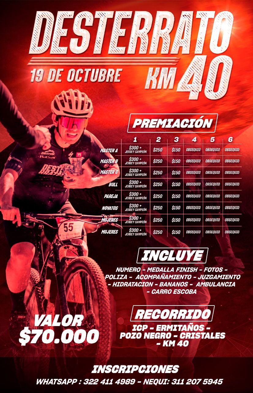 Desterrato KM 40, ciclomontañismo Santander, ciclismo Piedecuesta, competencia MTB Santander, carrera ciclismo Santander 2025, evento ciclista Colombia, MTB Santander, ruta ciclista ermitaños, ciclismo de montaña Piedecuesta, premiación ciclismo Santander, inscripción ciclomontañismo, desafío ciclista Santander, carrera MTB 24.76 km, altimetría ciclismo Santander, desnivel 1816 metros MTB