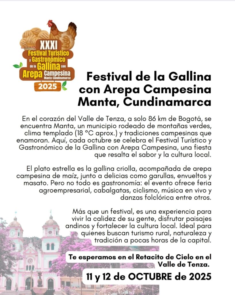 festival gastronómico en Manta, Festival de la Gallina Cundinamarca, arepa campesina y gallina criolla, Clásica Ciclística Bogotá Manta, eventos gastronómicos Cundinamarca 2025, turismo rural en el Valle de Tenza, ciclismo y gastronomía en Cundinamarca.