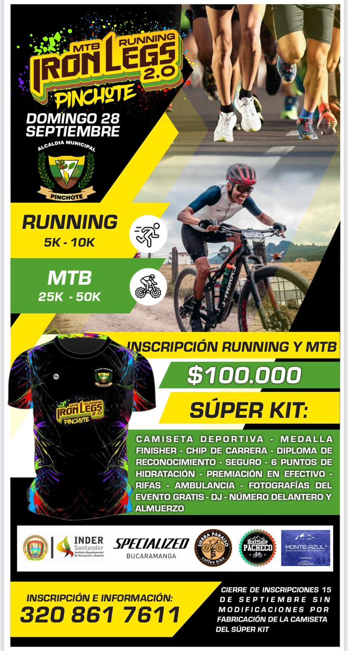 Iron Legs 2.0 Pinchote 2025 MTB y Running, ciclistas en MTB 50K Iron Legs Pinchote, corredores 13K Iron Legs Running Pinchote, ciclistas 25K Sport Iron Legs Pinchote, premio en efectivo Iron Legs Pinchote, kit oficial Iron Legs Pinchote 2025, competidores Iron Legs Pinchote con medalla, ciclistas disfrutando Iron Legs Pinchote MTB, corredores juveniles Iron Legs 13K Pinchote, pareja mixta Iron Legs 50K Pinchote, ciclistas bull categoría >90kg Iron Legs, corredores en salida Iron Legs Pinchote, participantes recibiendo kit Iron Legs Pinchote, ambiente deportiva Iron Legs Pinchote 2025