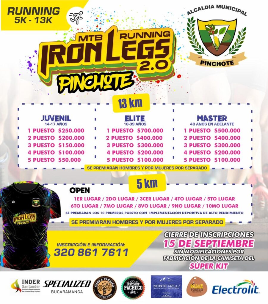 Iron Legs 2.0 Pinchote 2025 MTB y Running, ciclistas en MTB 50K Iron Legs Pinchote, corredores 13K Iron Legs Running Pinchote, ciclistas 25K Sport Iron Legs Pinchote, premio en efectivo Iron Legs Pinchote, kit oficial Iron Legs Pinchote 2025, competidores Iron Legs Pinchote con medalla, ciclistas disfrutando Iron Legs Pinchote MTB, corredores juveniles Iron Legs 13K Pinchote, pareja mixta Iron Legs 50K Pinchote, ciclistas bull categoría >90kg Iron Legs, corredores en salida Iron Legs Pinchote, participantes recibiendo kit Iron Legs Pinchote, ambiente deportiva Iron Legs Pinchote 2025