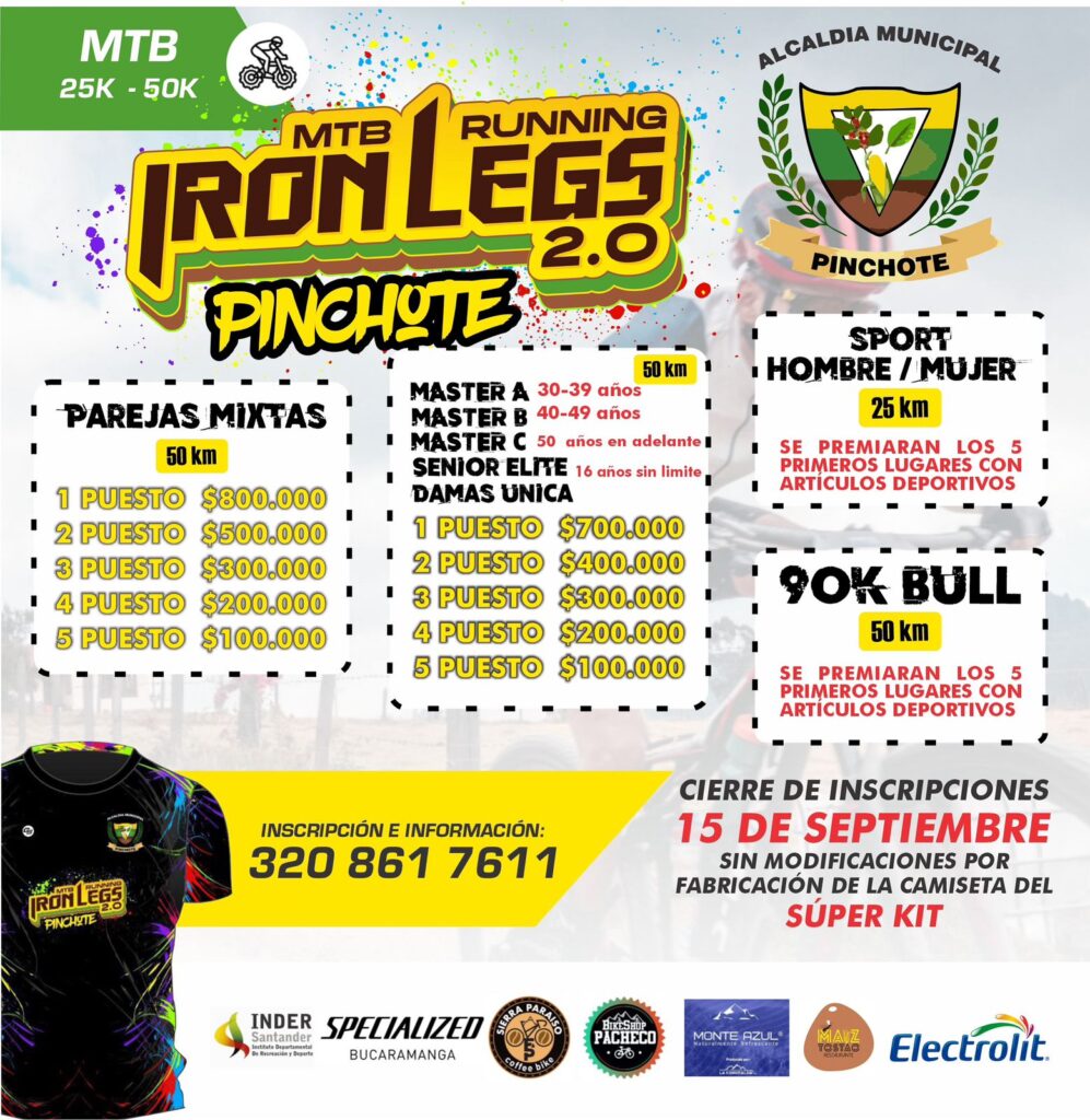 Iron Legs 2.0 Pinchote 2025 MTB y Running, ciclistas en MTB 50K Iron Legs Pinchote, corredores 13K Iron Legs Running Pinchote, ciclistas 25K Sport Iron Legs Pinchote, premio en efectivo Iron Legs Pinchote, kit oficial Iron Legs Pinchote 2025, competidores Iron Legs Pinchote con medalla, ciclistas disfrutando Iron Legs Pinchote MTB, corredores juveniles Iron Legs 13K Pinchote, pareja mixta Iron Legs 50K Pinchote, ciclistas bull categoría >90kg Iron Legs, corredores en salida Iron Legs Pinchote, participantes recibiendo kit Iron Legs Pinchote, ambiente deportiva Iron Legs Pinchote 2025