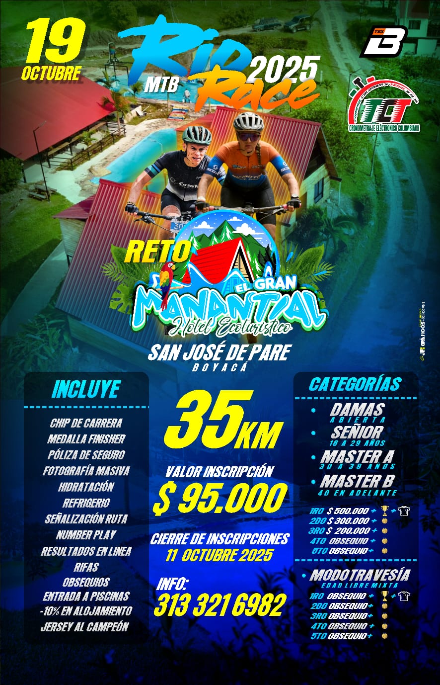 Río Race MTB 2025 San José de Pare, carrera de MTB en Boyacá 2025, competencia de ciclismo de montaña San José de Pare, evento MTB octubre 2025 en Boyacá, Reto El Gran Manantial MTB 2025, inscripción Río Race MTB 2025, carrera de ciclismo en San José de Pare Boyacá, travesía MTB El Gran Manantial Boyacá, evento deportivo de ciclismo en Boyacá, carrera MTB 35 km Boyacá, ciclismo de montaña en San José de Pare, travesía de ciclismo octubre 2025, eventos MTB en Colombia Boyacá, competencia amateur de MTB en Boyacá, retos de ciclismo en Boyacá 2025