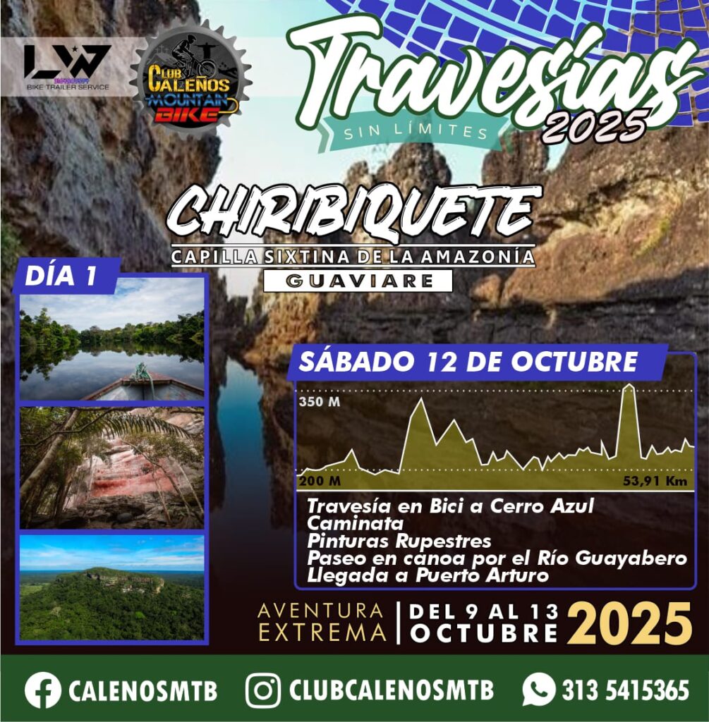 travesía MTB Guaviare 2025, ciclomontañismo en Guaviare, travesía en bicicleta Capilla Sixtina de la Amazonía, MTB Puerto Concordia, ciclismo de montaña Puerta de Orión, aventura en Río Guayabero, cascada Tranquilandia Guaviare, Cerro Azul pinturas rupestres, cicloturismo en San José del Guaviare, rutas MTB en la Amazonía colombiana, cicloturismo extremo Guaviare 2025, plan turístico en Guaviare con bicicleta, ciclistas Cali al Guaviare, turismo de aventura en Guaviare, viaje MTB Guaviare octubre 2025, rutas ecoturísticas Guaviare en bicicleta, experiencias ciclistas en la selva amazónica, ciclomontañismo extremo Colombia 2025, viaje MTB Capilla Sixtina de la Amazonía, cicloturismo cultural pinturas rupestres Cerro Azul.