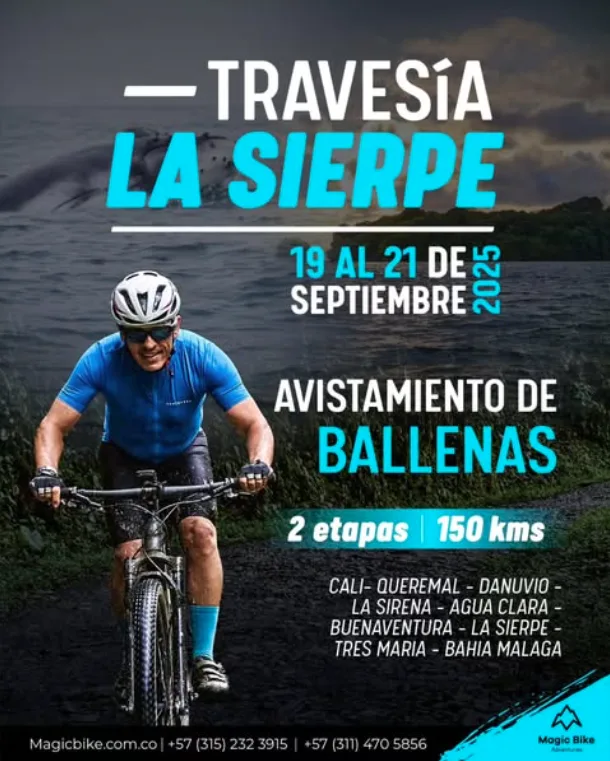 travesía la sierpe 2025, avistamiento de ballenas en Cali, cicloturismo Pacífico colombiano, travesía MTB Buenaventura, turismo ciclístico Colombia, Magic Bike Adventures travesía, senderos Pacífico Valle del Cauca.