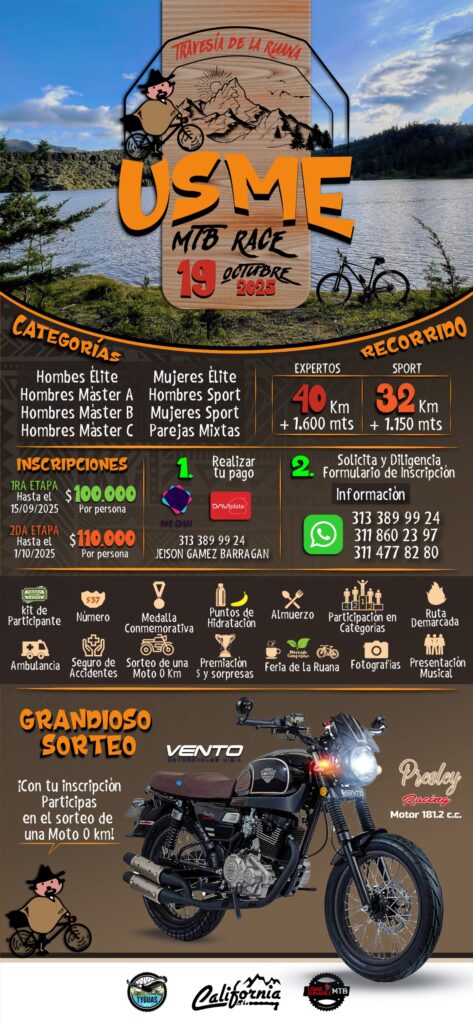 usme mtb race 2025, travesía de la ruana usme, carrera de mtb en bogotá, ciclismo de montaña en usme boyacá, ruta expertos mtb 40 km bogotá, ruta sport mtb 32 km bogotá, categorías usme mtb race, premiación en competencia de ciclismo usme, inscripciones usme mtb race 2025, kit de participación mtb bogotá, medalla travesía de la ruana, feria cultural y musical usme, mercado campesino en carrera de ciclismo, feria agrícola en usme mtb race, gastronomía típica en usme, sorteo moto 0 km usme mtb race, recomendaciones para competir en mtb, consejos de ciclismo de montaña usme, entrenamiento previo para competencia mtb, hidratación en competencia de ciclismo, alimentos recomendados antes de una carrera mtb, feria de la lana y la ruana en bogotá, feria del ciclista usme, ciclismo y cultura campesina en usme