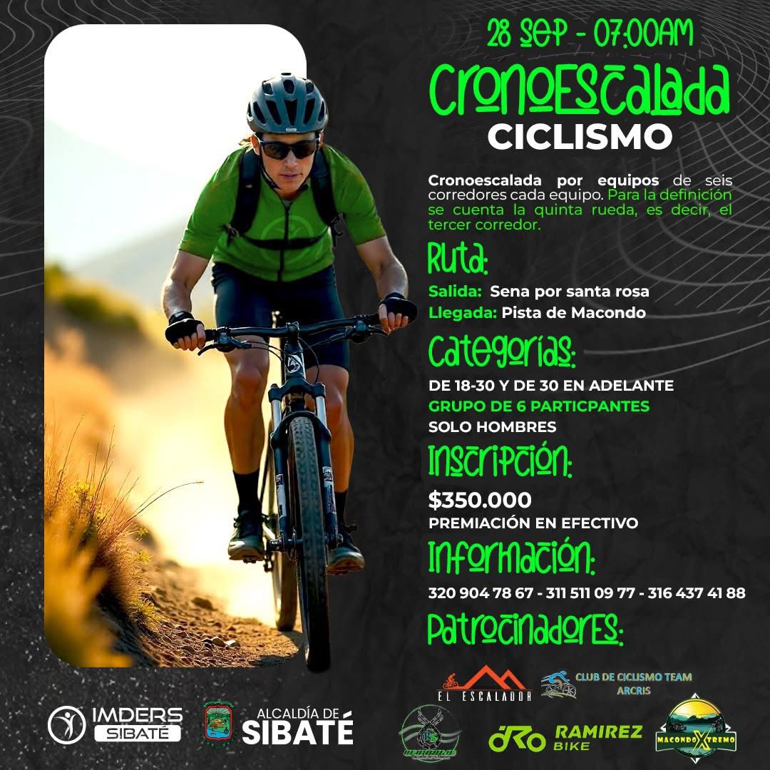 cronoescalada Sibaté 2025, cronoescalada ciclismo Sibaté, carrera de ciclismo en Sibaté, cronoescalada por equipos Colombia, competencia de ciclismo en Sibaté, cronoescalada en Cundinamarca, eventos de ciclismo en Sibaté 2025, ciclismo de montaña Sibaté, ruta Sena Santa Rosa a Pista de Macondo, inscripción cronoescalada Sibaté, carreras MTB cerca de Bogotá, cronoescalada categoría hombres, cronoescalada equipos de 6 ciclistas, premiación ciclismo Sibaté, retos ciclismo Cundinamarca, competencias MTB septiembre 2025, eventos deportivos Sibaté, cronoescalada con premiación en efectivo, ciclismo competitivo en Sibaté, carrera ciclismo cronoescalada Colombia