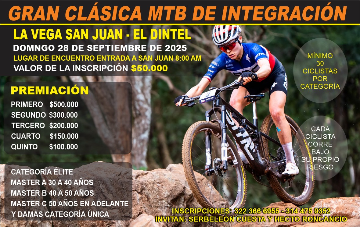 gran clásica mtb de integración, gran clásica mtb la vega 2025, clásica mtb san juan el dintel, carreras de mtb en la vega cundinamarca, eventos mtb septiembre 2025 colombia, competencia de ciclismo de montaña en cundinamarca, mtb en san juan la vega, clásica mtb con premiación en efectivo, carrera de mtb máster y élite en colombia, damas mtb categoría única, inscripciones gran clásica mtb integración, ruta mtb el dintel la vega, ciclismo de montaña la vega san juan, competencias mtb en cundinamarca 2025, eventos de ciclismo en septiembre colombia, carreras de integración mtb en colombia