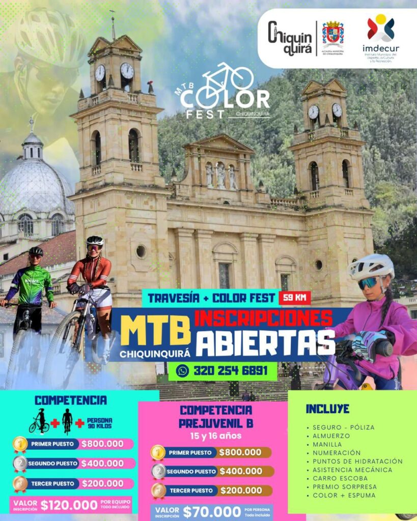MTB Color Fest Chiquinquirá 2025, Travesía MTB Boyacá, ciclismo de montaña Chiquinquirá, eventos deportivos Boyacá, Color Fest MTB Colombia, ciclismo recreativo Boyacá, MTB Colombia 2025, turismo en Chiquinquirá, ciclismo en Boyacá, carreras MTB Colombia, travesía MTB Chiquinquirá San Miguel de Sema Simijaca, ruta MTB 57 km Chiquinquirá, inscripción MTB Color Fest 2025, competencia ciclismo de montaña Boyacá, dónde inscribirse MTB Color Fest, consejos para participar en travesía MTB, turismo religioso y deportivo en Chiquinquirá, clima para ciclismo en Chiquinquirá, recomendaciones para ciclistas en Boyacá, MTB recreativo en Colombia sin requisitos, eventos de ciclismo con premios en efectivo en Colombia, qué hacer en Chiquinquirá Boyacá 2025