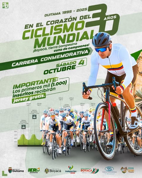 mundial de ciclismo en Duitama 2025, carrera conmemorativa mundial ciclismo Duitama, ciclistas en el recorrido de Duitama, participantes en el mundial de ciclismo Boyacá, perfil de altimetría mundial ciclismo Duitama, mapa del recorrido carrera conmemorativa 2025, podio ciclistas categoría élite Duitama, premiación carrera ciclismo Duitama, ciclistas sub 23 en Duitama 2025, corredores en el Alto El Cogollo, homenaje a ciclistas del mundial 1995, salida de la carrera ciclismo en Duitama, llegada ciclistas carrera conmemorativa, niño participando en categoría infantil ciclismo, mujeres ciclistas en carrera de Duitama, pelotón ciclismo mundial Duitama, entrega de jersey carrera ciclismo Boyacá, ciclistas en curvas del recorrido mundial, evento ciclístico gratuito en Boyacá, celebración 30 años mundial de ciclismo Colombia