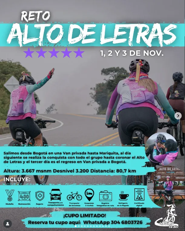 ascenso Alto de Letras, ciclomontañismo en Colombia, retos de ciclismo Colombia, Curvas en Bici, subir Letras en bicicleta, desafío ciclista Colombia, Reto Alto de Letras 2025