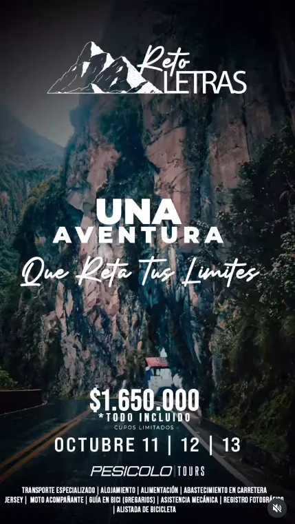 Reto Letras 2025, Pesicolo Tours Letras, ciclismo en Alto de Letras, subir letras en bicicleta, turismo en el Tolima ciclismo, evento ciclístico Colombia 2025, letras ciclismo experiencia, ascenso más largo del mundo en bicicleta, ruta ciclista Alto de Letras, ciclismo recreativo en Colombia, viaje ciclista con todo incluido Letras, reto deportivo Colombia octubre 2025