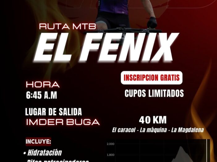Ruta MTB El Fénix, Ruta MTB El Fénix 2025, Ruta MTB en Buga, Ruta El Fénix Buga, carrera MTB en Guadalajara de Buga, evento MTB Buga 2025, ciclomontañismo en Buga, MTB Valle del Cauca, ruta de 40 km MTB Buga, inscripción gratis MTB Buga, competencias de MTB en el Valle, travesías MTB en Guadalajara de Buga, ciclismo de montaña El Fénix, retos MTB Buga, evento ciclismo IMDER Buga, Ciclo Buga eventos, carrera MTB septiembre 2025, MTB en Buga con hidratación, Ruta MTB con seguro médico, rutas de MTB en el Valle del Cauca