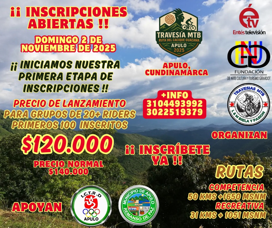 travesía mtb ruta del cacique guacana, ruta del cacique guacana apulo cundinamarca, ciclomontañismo en apulo 2025, travesías mtb en cundinamarca, ruta corta mtb apulo, inscripción travesía mtb apulo, ruta del cacique guacana ciclismo, travesía mtb en apulo colombia, ciclistas mtb en apulo, ciclismo de montaña en cundinamarca, evento mtb ruta del cacique, rutas de mtb en apulo cundinamarca, ciclomontañismo apulo guacana, ciclismo de montaña apulo 2025, rutas cortas de mtb en cundinamarca, ciclismo y turismo en apulo, aventura en bicicleta de montaña apulo, evento ciclista ruta del cacique guacana, desafío mtb apulo colombia, travesía guacana ciclismo montaña