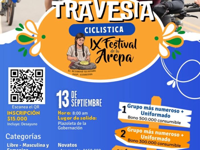travesía ciclística festival de la arepa, travesía ciclista guaviare 2025, ciclistas en el retorno guaviare, travesía mtb guaviare, evento de ciclismo festival de la arepa, ciclismo y cultura en guaviare, competencia ciclística festival de la arepa, ciclistas en festival gastronómico guaviare, travesía en bicicleta el retorno, festival de la arepa travesía ciclista, evento ciclista septiembre guaviare, mtb festival gastronómico colombia, ciclistas disfrutando arepa guaviare, deporte y gastronomía en guaviare, ciclistas en travesía cultural, ciclismo en festival gastronómico, travesía ciclística septiembre 2025, ciclistas reunidos en el retorno guaviare, festival de la arepa evento deportivo, ciclistas con uniforme guaviare
