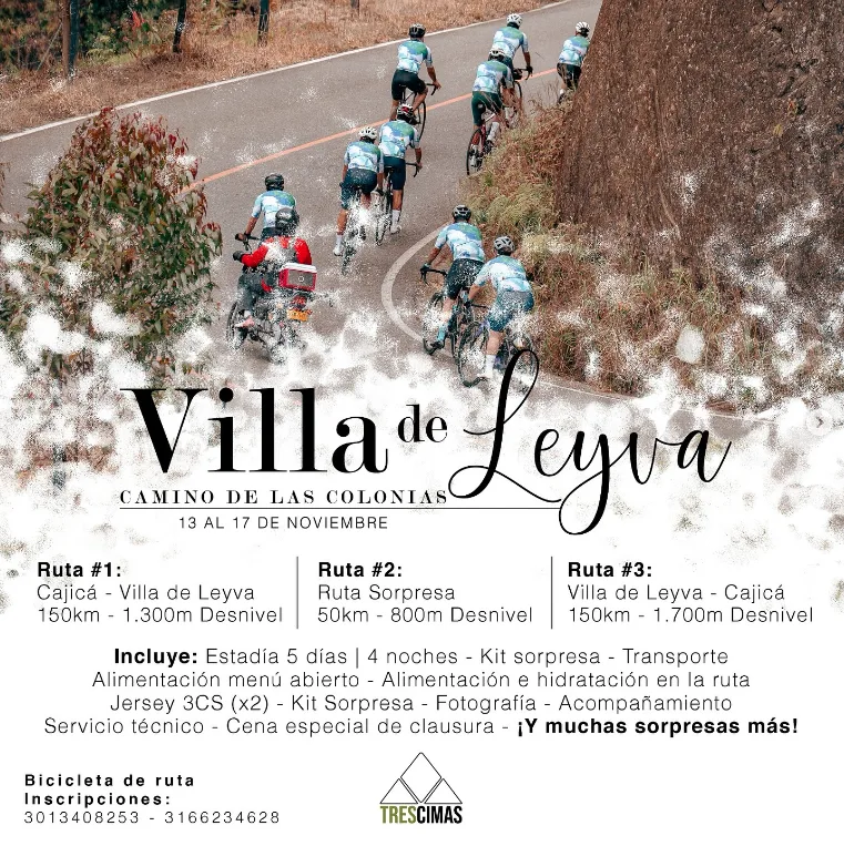 Villa de Leyva ciclismo, Camino de las Colonias 2025, rutas en bicicleta Villa de Leyva, ciclismo de ruta en Boyacá, evento ciclismo noviembre 2025, ruta Cajicá Villa de Leyva, ruta Villa de Leyva Cajicá, cicloturismo en Villa de Leyva, experiencia ciclismo Tres Cimas, inscripción Villa de Leyva Camino de las Colonias