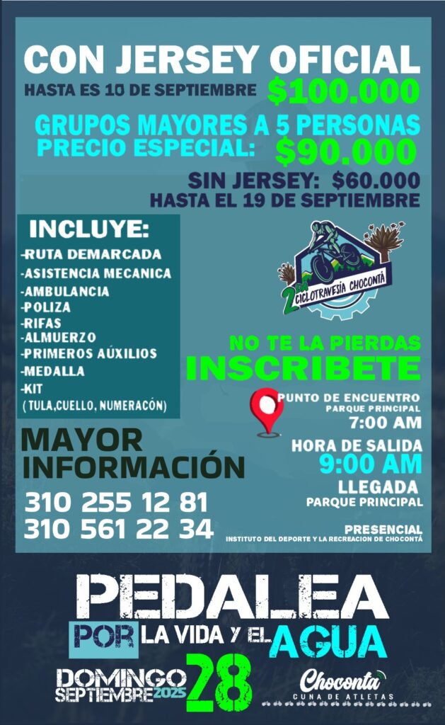 ciclotravesía Chocontá 2025, pedalea por la vida y el agua, evento MTB en Cundinamarca, ciclotravesía en Chocontá, travesía en bicicleta Chocontá, ciclotravesía con kit oficial, ciclotravesía con jersey, ciclotravesía 36 km, ciclismo en Chocontá, eventos MTB septiembre 2025, ciclotravesía con rifas y medalla, ciclotravesía con asistencia mecánica