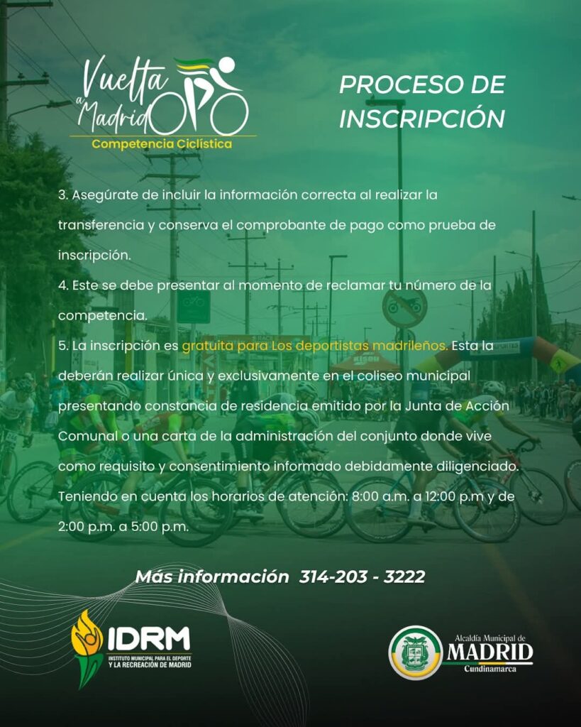 vuelta a madrid ciclismo, competencia ciclística madrid cundinamarca, ciclismo en madrid cundinamarca, carrera ciclística en madrid, competencia ciclismo 2025, evento de ciclismo en cundinamarca, carreras de ciclismo en colombia, circuito ciclístico madrid, vuelta ciclista madrid colombia, competencia ruta madrid cundinamarca, vuelta a madrid 2025, inscripciones vuelta a madrid 2025, cómo inscribirse en la vuelta a madrid, premios vuelta ciclística madrid, categorías competencia ciclismo madrid, reglamento vuelta a madrid cundinamarca, calendario de ciclismo cundinamarca 2025, carreras de ciclismo por categorías en colombia, competencia push bike madrid, ciclismo infantil madrid cundinamarca, vuelta ciclística sub 23 madrid, carrera elite ciclismo cundinamarca, vuelta a madrid ciclismo recreativo, vuelta a madrid para ciclistas aficionados, competencia ciclismo con premios en efectivo, competencia máster ciclismo cundinamarca, evento deportivo madrid cundinamarca 2025, ciclismo de ruta en madrid colombia, competencias ciclísticas organizadas por IDRM, alcaldía de madrid competencias deportivas, mejores carreras de ciclismo en colombia 2025, ciclistas madrileños competencia, vuelta ciclística recreativa, carreras para ciclistas aficionados en cundinamarca, competencia ciclística infantil madrid, ciclismo juvenil en cundinamarca, calendario ciclista 2025 cundinamarca