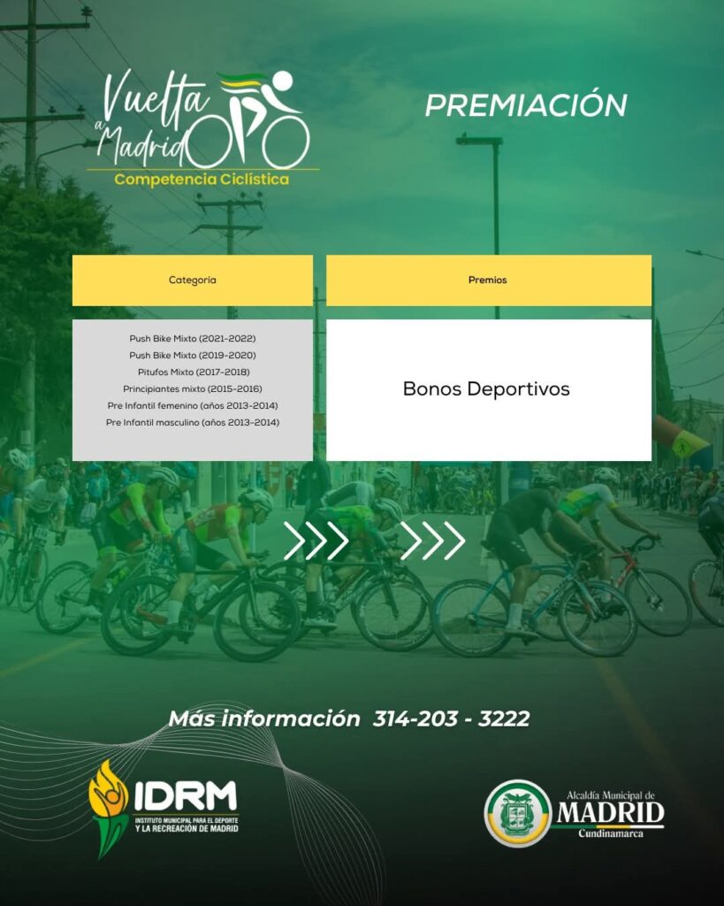 vuelta a madrid ciclismo, competencia ciclística madrid cundinamarca, ciclismo en madrid cundinamarca, carrera ciclística en madrid, competencia ciclismo 2025, evento de ciclismo en cundinamarca, carreras de ciclismo en colombia, circuito ciclístico madrid, vuelta ciclista madrid colombia, competencia ruta madrid cundinamarca, vuelta a madrid 2025, inscripciones vuelta a madrid 2025, cómo inscribirse en la vuelta a madrid, premios vuelta ciclística madrid, categorías competencia ciclismo madrid, reglamento vuelta a madrid cundinamarca, calendario de ciclismo cundinamarca 2025, carreras de ciclismo por categorías en colombia, competencia push bike madrid, ciclismo infantil madrid cundinamarca, vuelta ciclística sub 23 madrid, carrera elite ciclismo cundinamarca, vuelta a madrid ciclismo recreativo, vuelta a madrid para ciclistas aficionados, competencia ciclismo con premios en efectivo, competencia máster ciclismo cundinamarca, evento deportivo madrid cundinamarca 2025, ciclismo de ruta en madrid colombia, competencias ciclísticas organizadas por IDRM, alcaldía de madrid competencias deportivas, mejores carreras de ciclismo en colombia 2025, ciclistas madrileños competencia, vuelta ciclística recreativa, carreras para ciclistas aficionados en cundinamarca, competencia ciclística infantil madrid, ciclismo juvenil en cundinamarca, calendario ciclista 2025 cundinamarca