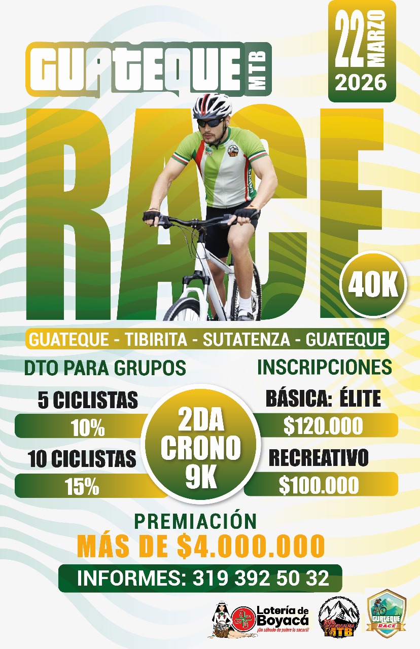 carrera mtb guateque valle de tenza 2026, inscripción guateque mtb race boyacá, recorrido 40 kilómetros guateque mtb race, crono 9k guateque mtb race 2026, fechas y categorías guateque mtb race, premios guateque mtb race 2026, competencia de ciclismo de montaña en boyacá, mtb amateur guateque ruta 2026, carrera de mtb en el valle de tenza colombia, cómo participar en la guateque mtb race, evento mtb recreativo y competitivo boyacá, rutas de ciclismo en guateque boyacá, mtb cross country boyacá 2026, guía para corredores guateque mtb race, altura y desnivel guateque mtb race 2026, guateque mtb race, carrera mtb guateque, mtb boyacá, mtb valle de tenza, competencias mtb colombia, mtb cross country, ciclomontañismo guateque, eventos de ciclismo 2026, rutas mtb boyacá, mtb recreativo colombia, ciclismo de montaña boyacá, mtb amateur colombia, crono mtb 9k, mtb 40k colombia, competencia mtb valle de tenza