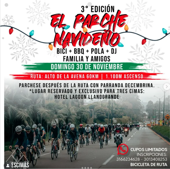 parche navideño ciclista, evento ciclista navideño, ruta alto de la avena, ciclismo amateur colombia, evento de ciclismo recreativo, salida ciclista navideña, ciclismo ruta antioquia, rodada ciclista diciembre, evento ciclista diciembre 2025, ciclistas aficionados colombia, plan ciclista fin de año, salida en bicicleta navidad, ruta 60km antioquia, ascenso 1100m ciclismo, evento de ciclismo con bbq, ciclopaseo navideño, parrandas ciclistas, parche ciclista tres cimas, ciclismo recreativo medellín, rodada de amigos ciclismo, salida ciclista llanogrande, ciclismo para principiantes ruta, evento ciclista con música, ciclistas antioquia evento, inscripción evento ciclista, salida deportiva navideña, ciclistas recreativos antioquia, ciclismo navideño colombia, evento ciclista para amateur, ciclistas ruta fin de año