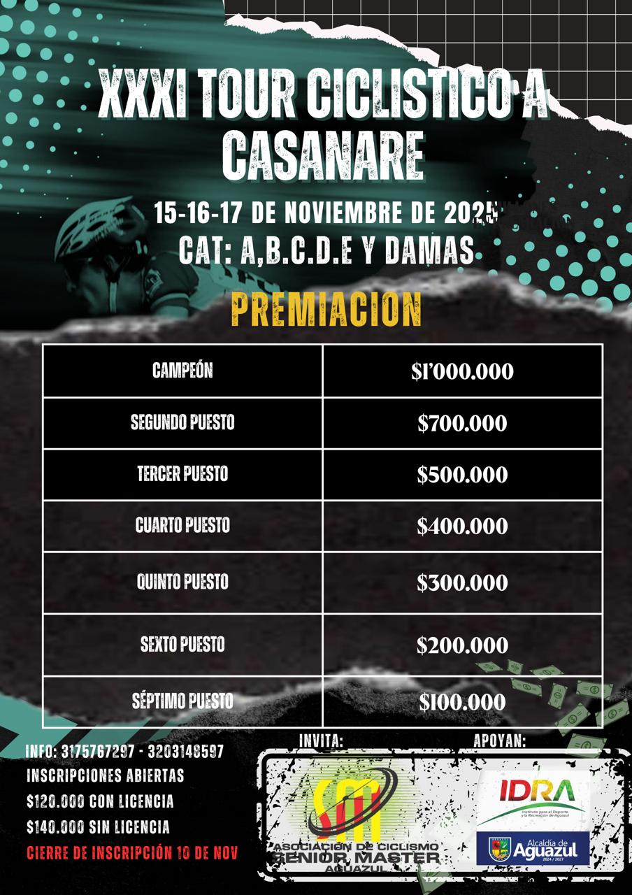 tour ciclístico en Casanare 2025, carrera de ruta en Aguazul Casanare, competencia de ciclismo máster en Casanare, eventos de ciclismo en los Llanos Orientales, tour ciclístico para ciclistas amateur, ciclismo de ruta competitivo en Colombia, carreras ciclísticas en el oriente colombiano, mejores competencias de ciclismo en Casanare, inscripción tour ciclístico Casanare 2025, recorrido del tour ciclístico en Aguazul, clima ideal para ciclismo en Casanare, gastronomía y turismo en Aguazul Casanare, tour ciclístico senior máster, tour ciclístico federado Colombia, ciclismo de carretera Casanare, Tour Ciclístico a Casanare, ciclismo de ruta en Casanare, carrera ciclística Aguazul, ciclismo competitivo Casanare, ciclismo máster Colombia, evento de ciclismo Casanare, ciclismo amateur Casanare, tour ciclismo 2025