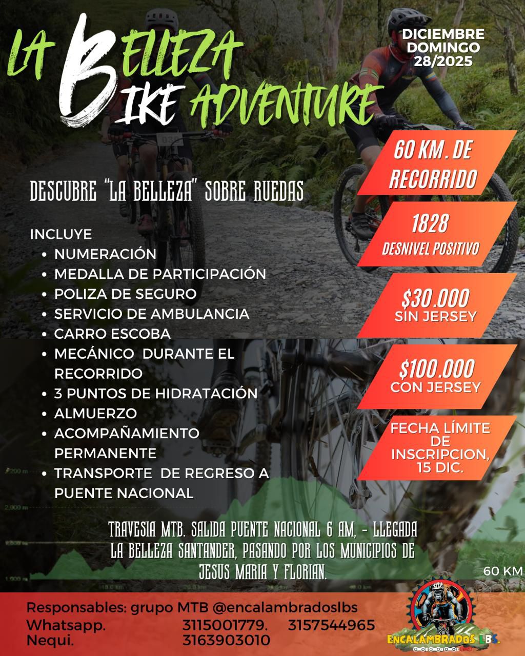 La Belleza Bike Adventure 2025, travesía MTB Santander, ciclismo en Colombia, travesía en bicicleta Puente Nacional, recorrido MTB La Belleza, eventos de ciclismo Santander 2025, travesías MTB de fin de año, rutas MTB en Santander, ciclistas domingueros Colombia, travesía MTB 60 km, desnivel positivo 1828 metros, ciclismo recreativo en Colombia, aventuras en bicicleta Santander, ciclismo de montaña Colombia, competencias MTB Santander, eventos de ciclismo diciembre 2025, inscripción travesía La Belleza, rutas de ascenso en bicicleta Colombia, MTB Jesús María y Florián, grupos MTB Santander