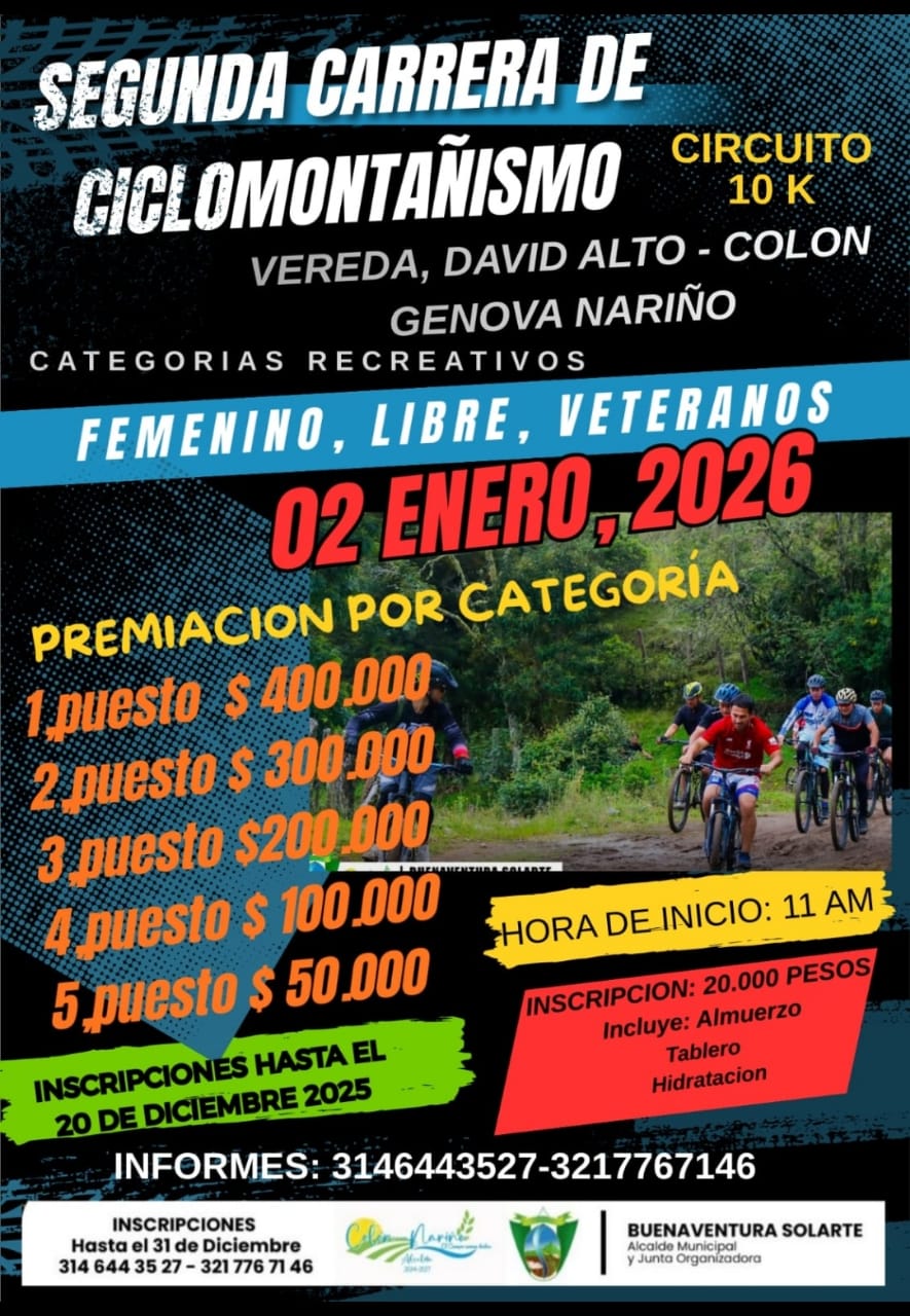 Segunda Carrera de Ciclomontañismo Génova Nariño, carrera de ciclomontañismo en génova, evento mtb en nariño, ciclomontañismo en génova nariño, carrera mtb recreativa colombia, circuito mtb 10 km colombia, carrera de montaña en nariño, evento de ciclismo recreativo 2026, competencia mtb enero 2026 colombia, carrera de ciclomontañismo recreativos, mtb génova nariño 2026, evento deportivo en génova nariño, carrera mtb con premiación en efectivo, ciclomontañismo femenino libre veteranos, carrera mtb vereda david alto, eventos mtb sur de colombia