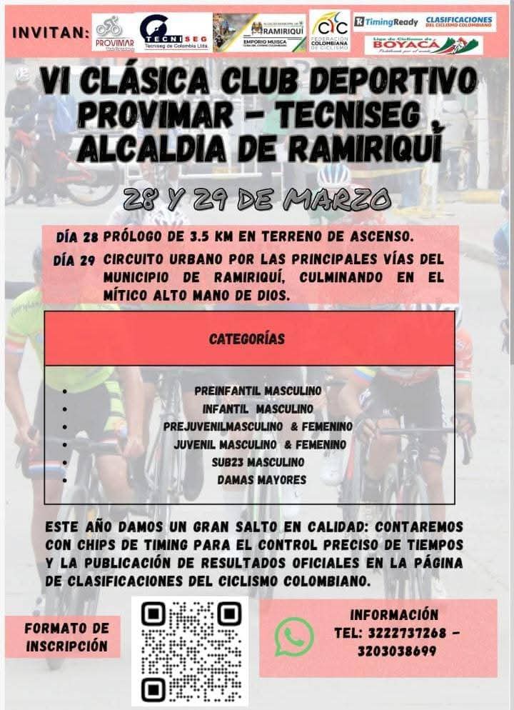 clásica de ciclismo en Ramiriquí, carrera de ciclismo de ruta en Boyacá, competencias de ciclismo en Colombia, ciclismo de ruta juvenil, clásica Provimar Tecnisec, carreras de ciclismo marzo 2026, eventos de ciclismo en Boyacá, ciclismo de carretera Colombia, clásica de ruta en Boyacá