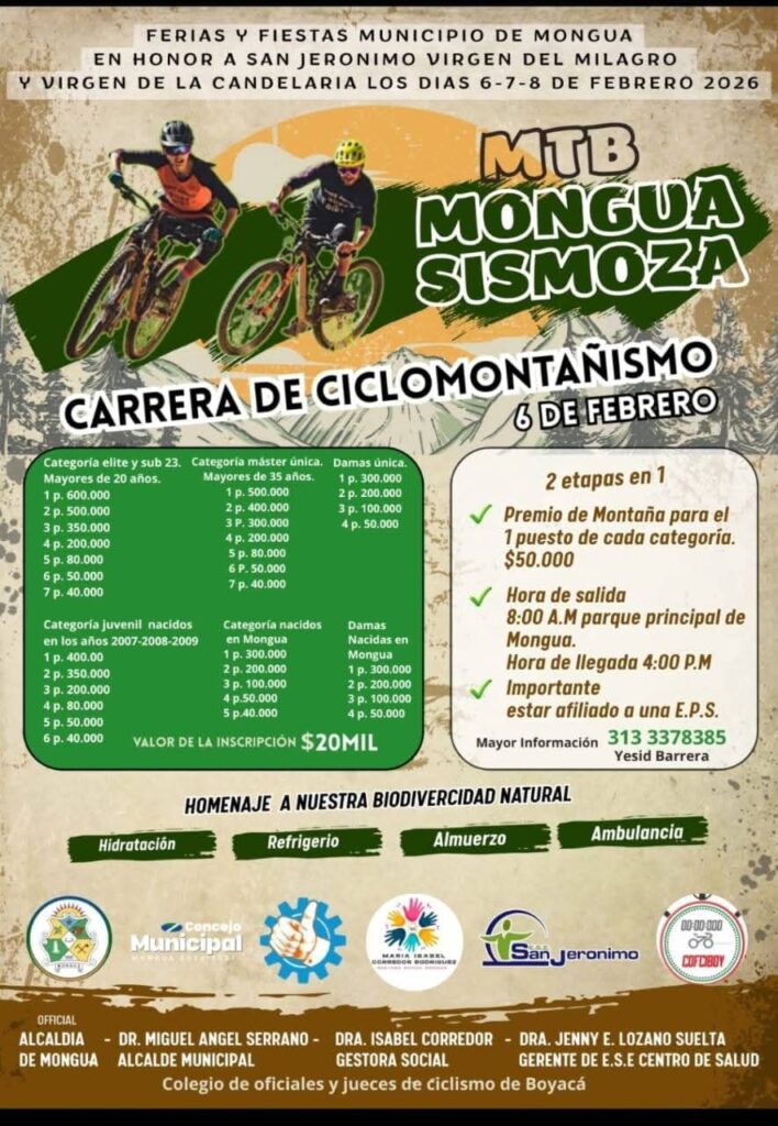 MTB Mongua 2026, carrera MTB en Boyacá, ciclomontañismo en Mongua, encuentro ciclístico MTB Mongua, competencia MTB febrero 2026, eventos de ciclismo en Boyacá, MTB Sismoza, carrera de ciclomontañismo Colombia, MTB amateur Boyacá, competencias MTB 2026, ciclismo de montaña en Mongua, MTB con premios en Colombia, eventos deportivos Mongua