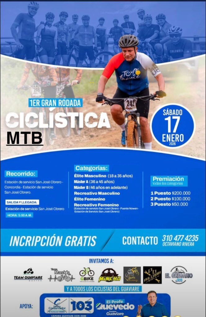 rodada ciclística mtb, evento mtb en Guaviare, competencia mtb Colombia, rodada de montaña en Colombia, ciclismo de montaña Guaviare, carreras mtb 2026, rodada ciclística en San José del Guaviare, eventos mtb Colombia