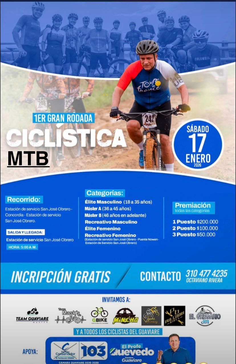 rodada ciclística mtb, evento mtb en Guaviare, competencia mtb Colombia, rodada de montaña en Colombia, ciclismo de montaña Guaviare, carreras mtb 2026, rodada ciclística en San José del Guaviare, eventos mtb Colombia
