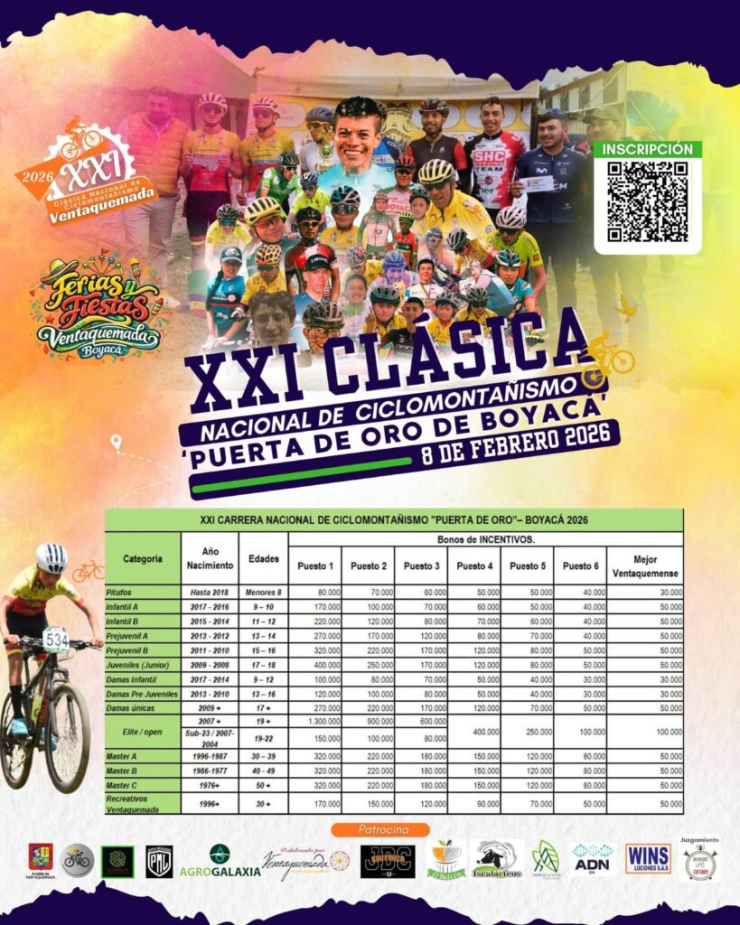 XXI Clásica Nacional de Ciclomontañismo Puerta de Oro de Boyacá, MTB Ventaquemada Boyacá, carrera de ciclomontañismo en Boyacá, evento MTB Colombia 2026, ciclismo de montaña colombiano, competencia MTB en Ventaquemada, fiesta del ciclismo colombiano, ciclomontañismo en el altiplano boyacense